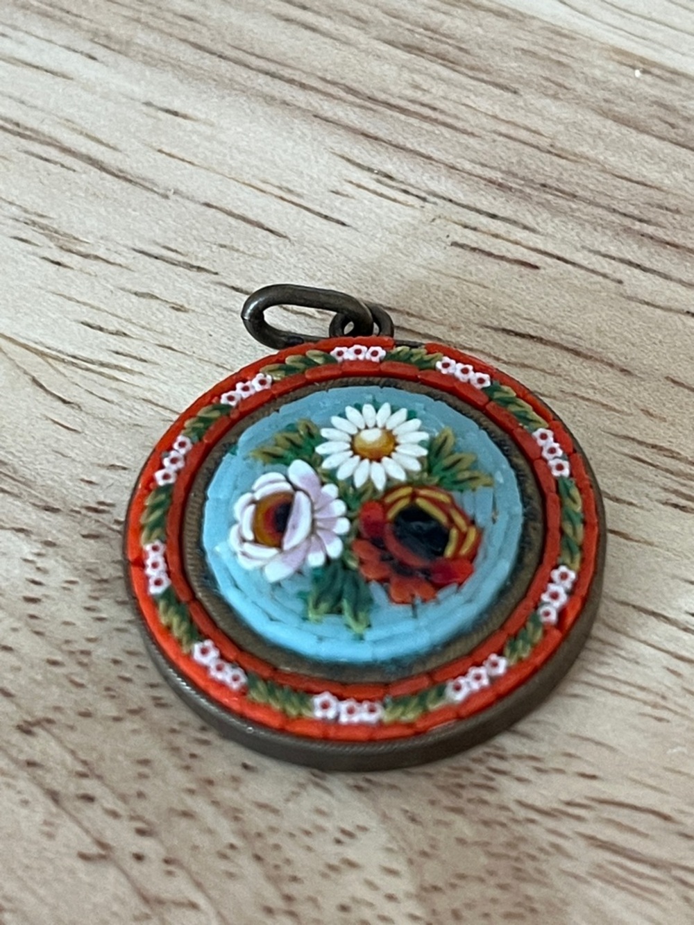 Vintage Floral Micro-Mosaic Round Pendant in Turquoise & Orange